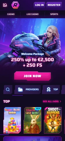Mobilní lobby Roby Casino v angličtině.
